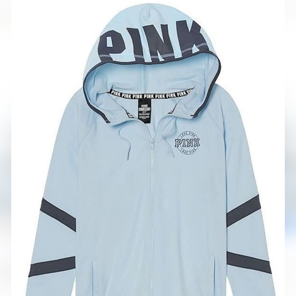 VICTORIA'S SECRET PINK Ultimate High Low Funnel Neck Full Zip Hoodie Baby Blue S - Picture 2 of 11